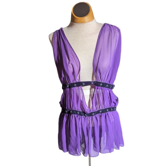 Vtg Y2K Victoria's Secret Very Sexy Purple Sheer Deep V-Neck Belted Negligee L - Picture 3 of 5